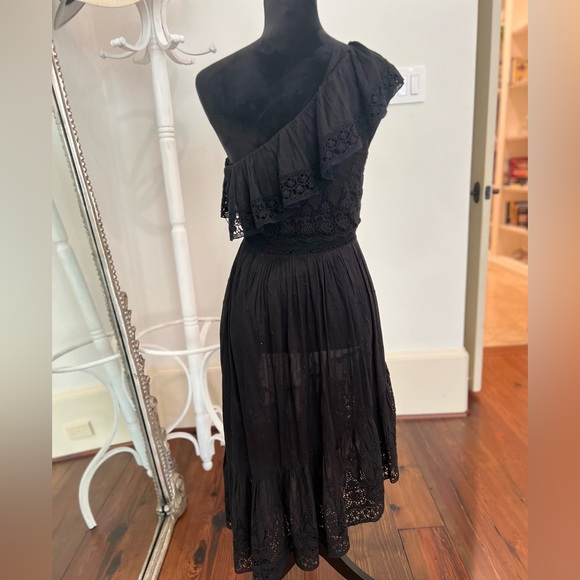 LoveShackFancy Pamela Asymmetric One Shoulder Ruffle Lace Dress Black - Picture 4 of 8